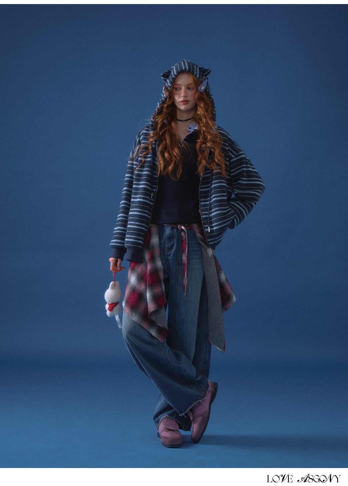 AsGony Plush Striped Colorblock Cat-Ear Hoodie