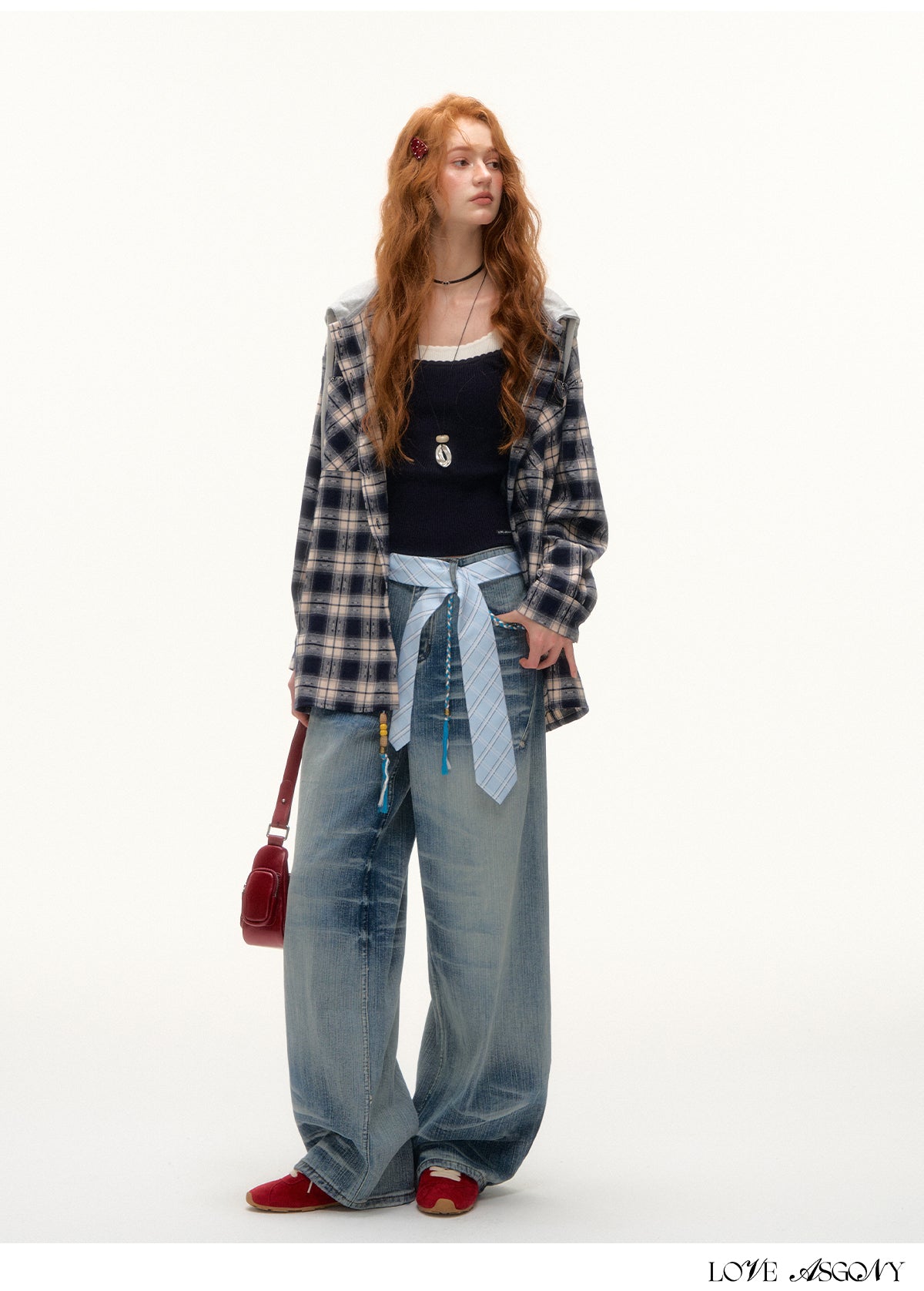 AsGony Retro Plaid Colorblock Hooded Shirt