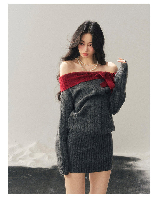 ShaoYeYan Aomalm Memory's Snow Depth Off-Shoulder Sweater Dress