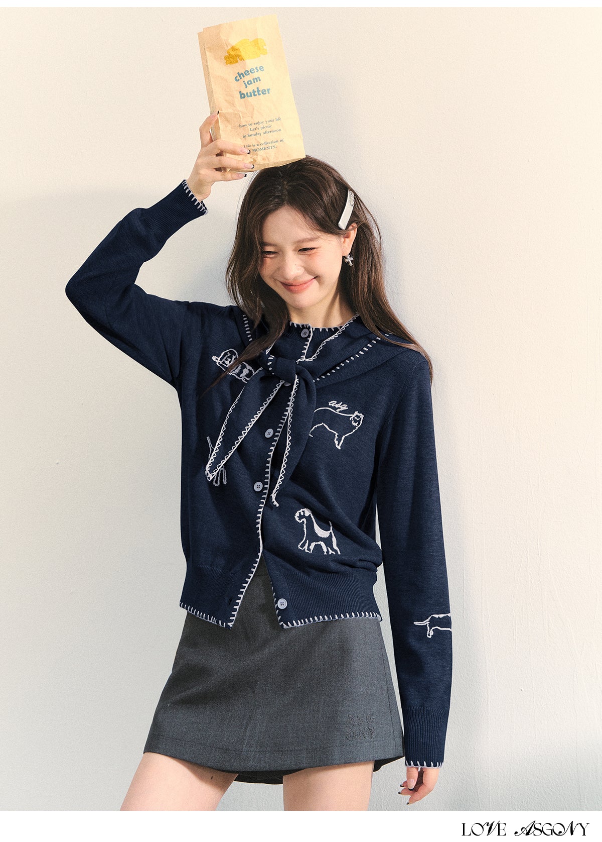 AsGony Puppy Embroidery Trim Hooded Knit Set