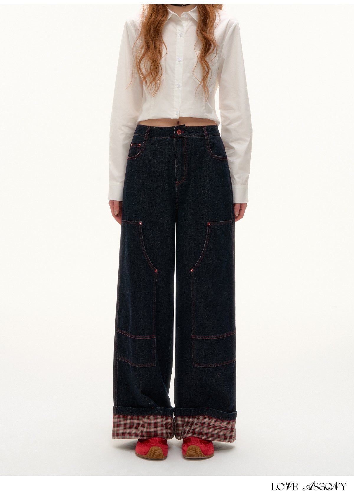 AsGony Black Plaid Panel Wide-Leg Jeans