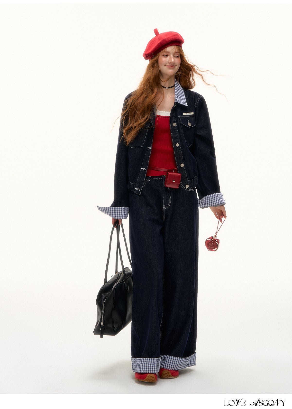 AsGony American Retro Hong Kong Style Plaid Denim Set