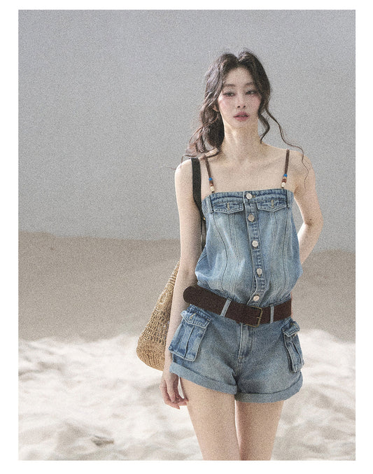 ShaoYeYan Aomalm Go for a Seaside Walk American Denim Romper