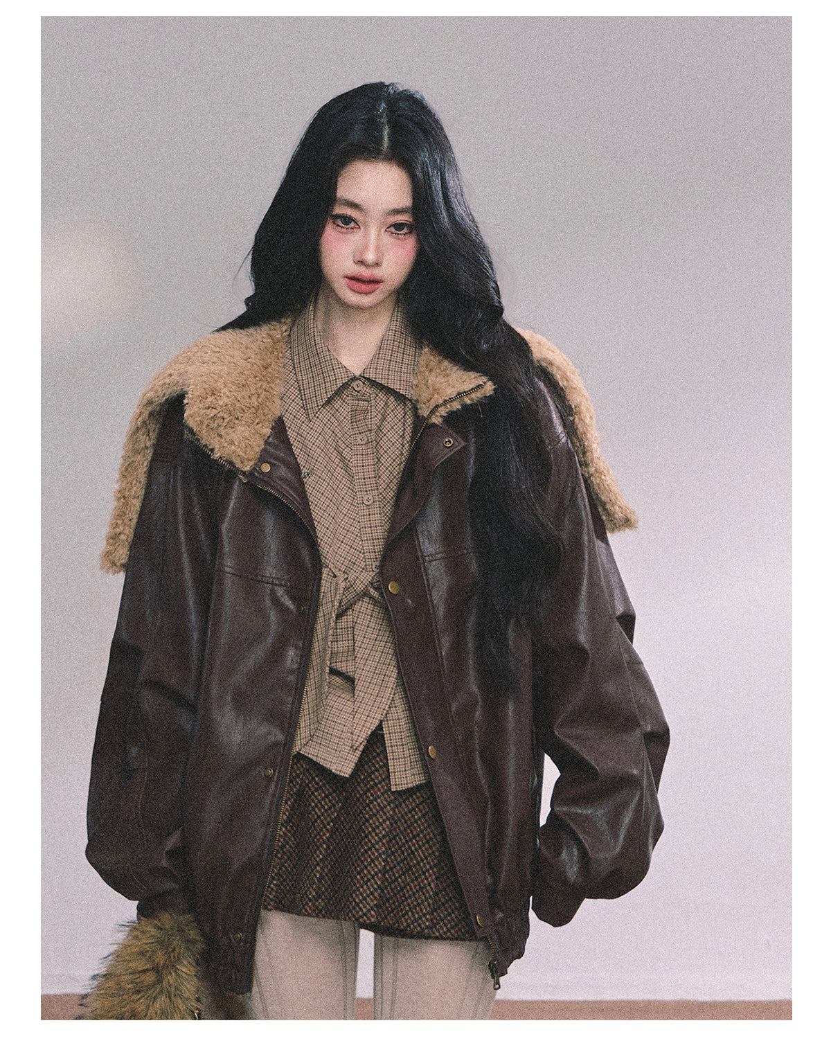 ShaoYeYan Loose Fit Lamb Fur Leather Jacket