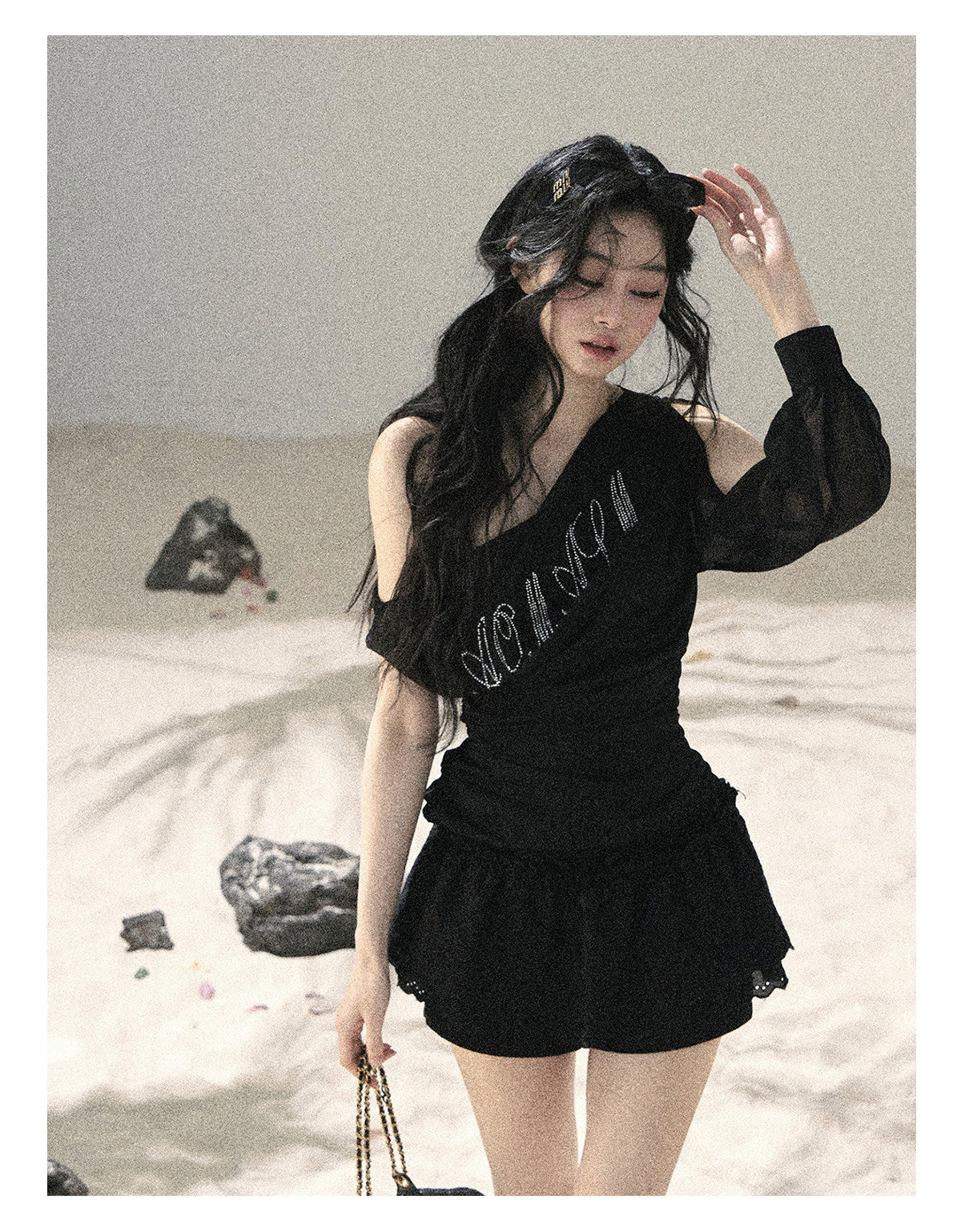 ShaoYeYan Aomalm Fragmented Starlight Korean Off-Shoulder Mesh Top