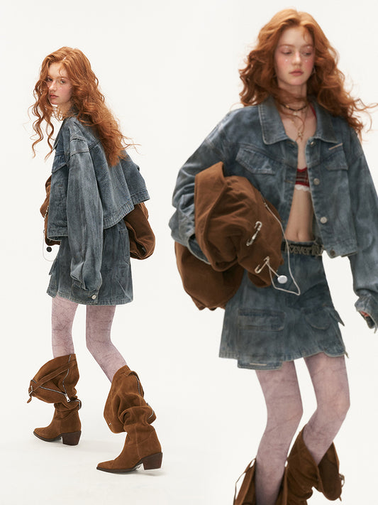 MAMC Distressed Denim Jacket & Mini Skirt