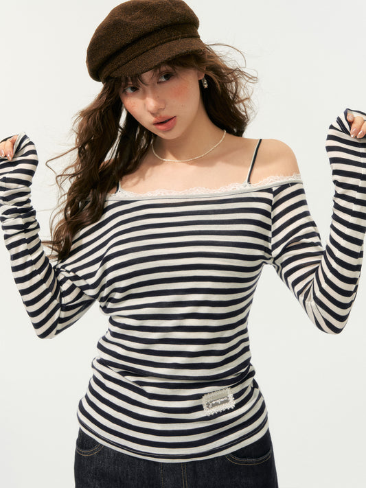 SOMESOWE Off-Shoulder Striped Tee