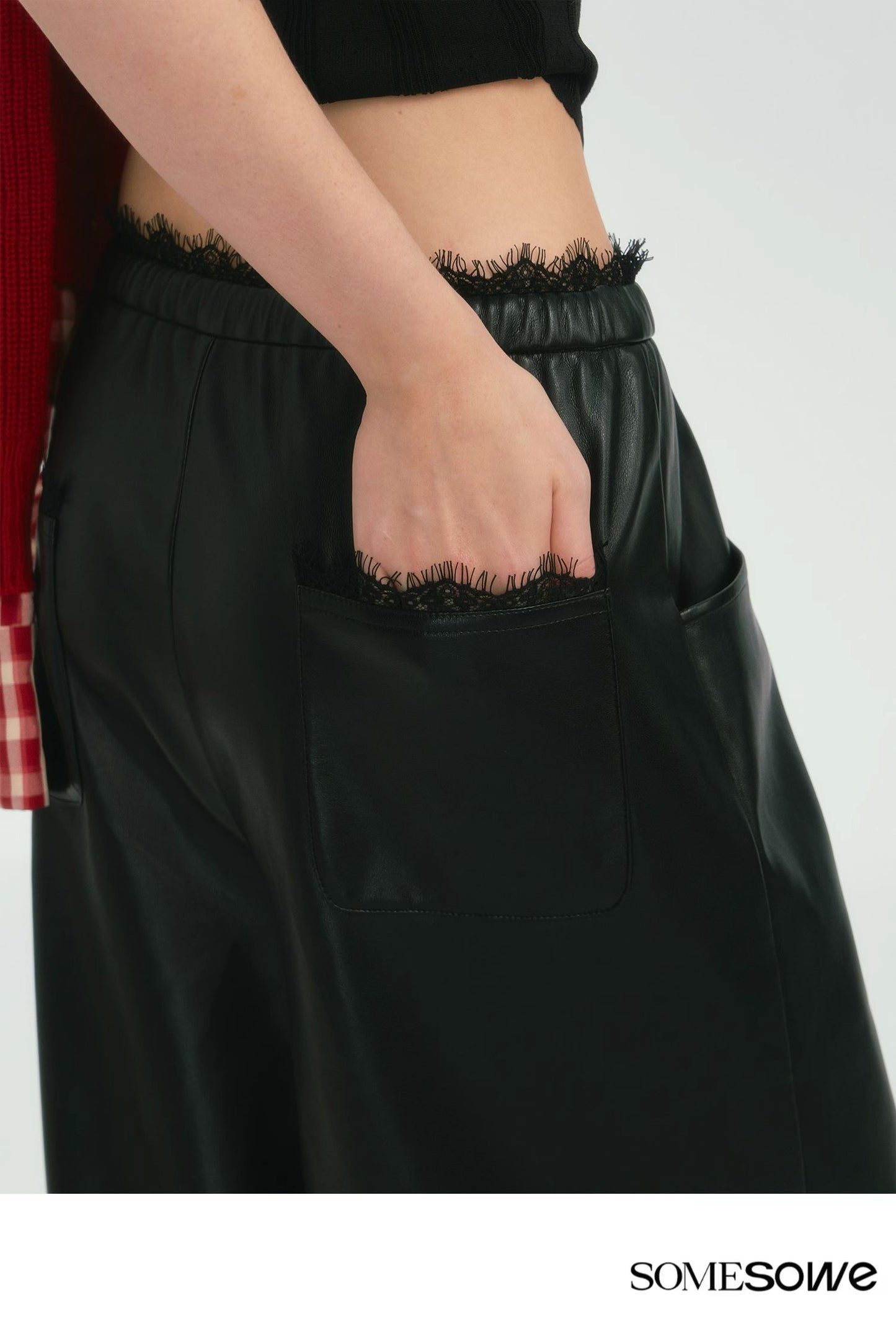 SOMESOWE Lace-Paneled PU Leather Pants
