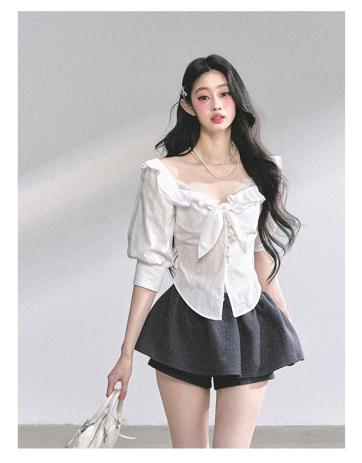 SHAOYEYAN French White Lace Waist-Defining Blouse