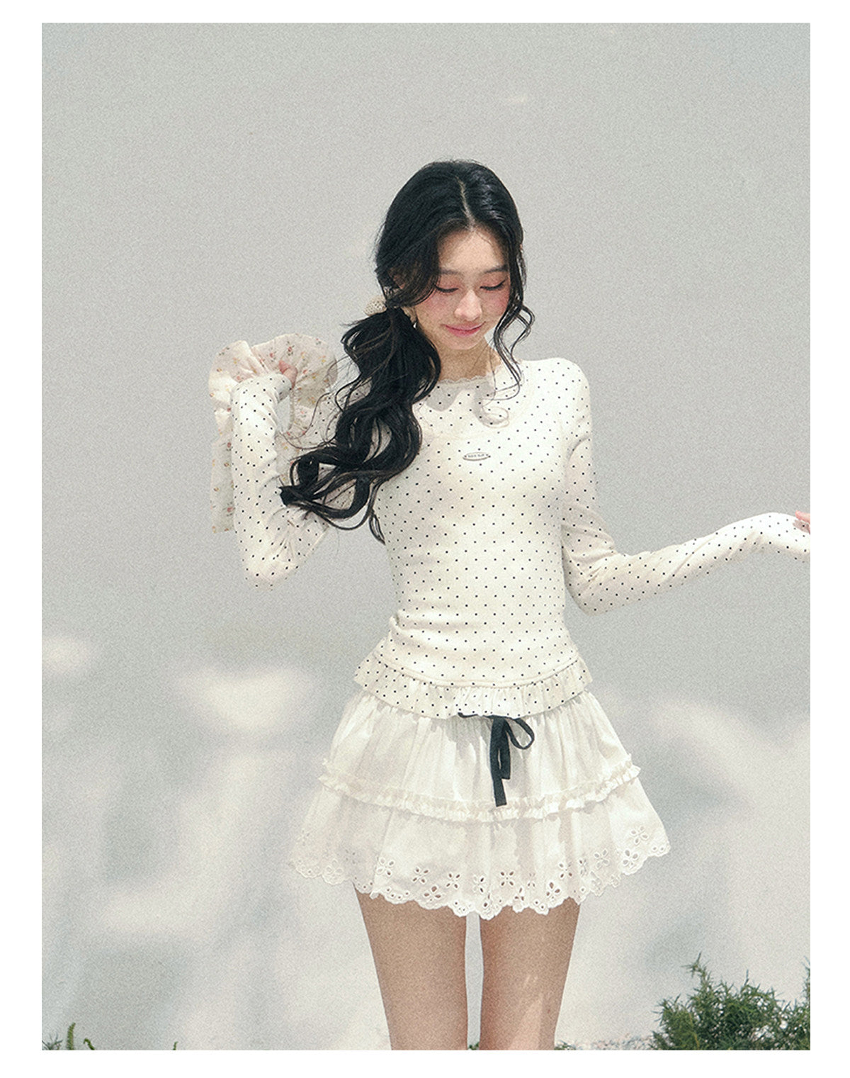 ShaoYeYan Aomalm Milk-Sweet Art Student Fake Two-Layer Polka Dot Tee