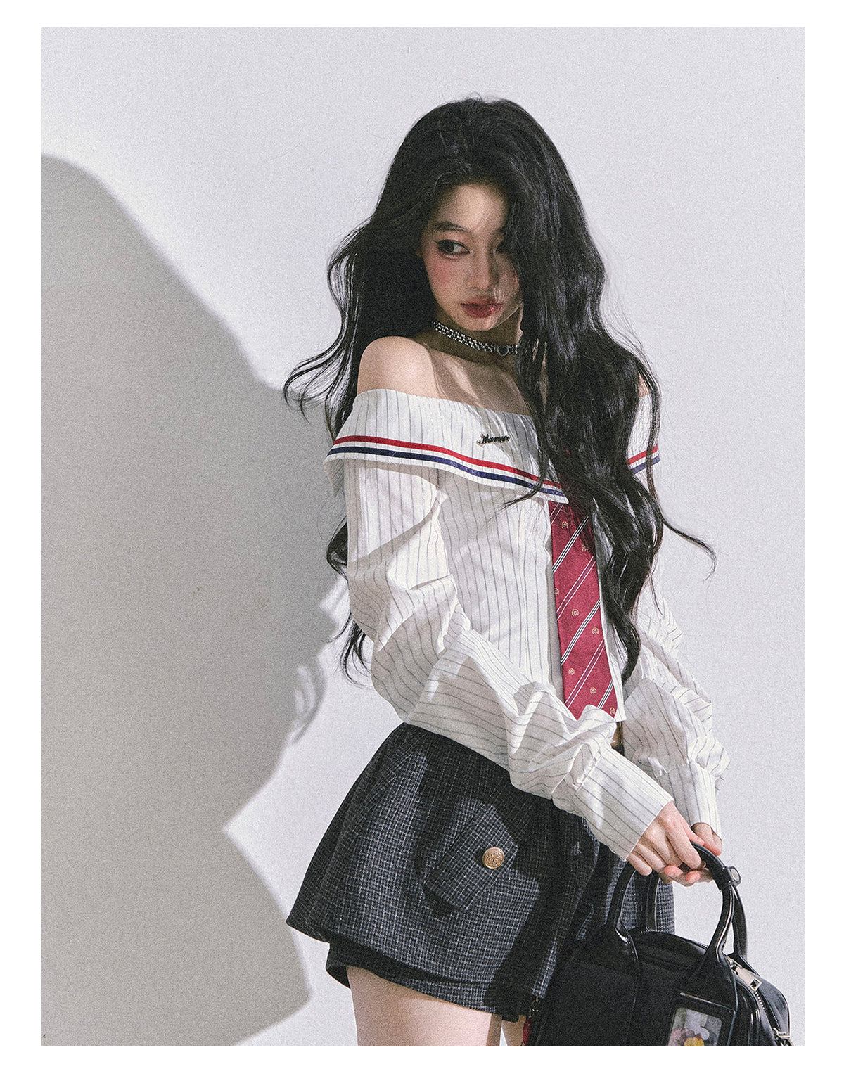 ShaoYeYan Seoul Art Student Off-Shoulder Striped Shirt