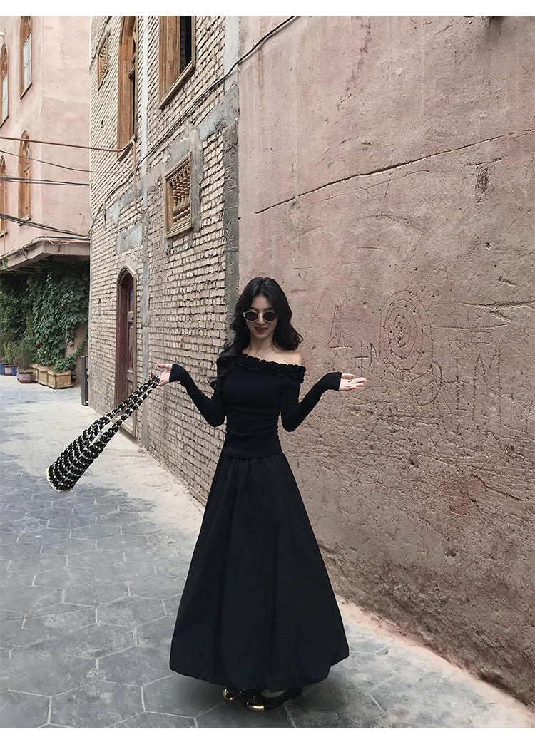 MULVAN "Moonlight Silk" Flared Midi Skirt & "Off-Duty Star" Floral Shoulder Top
