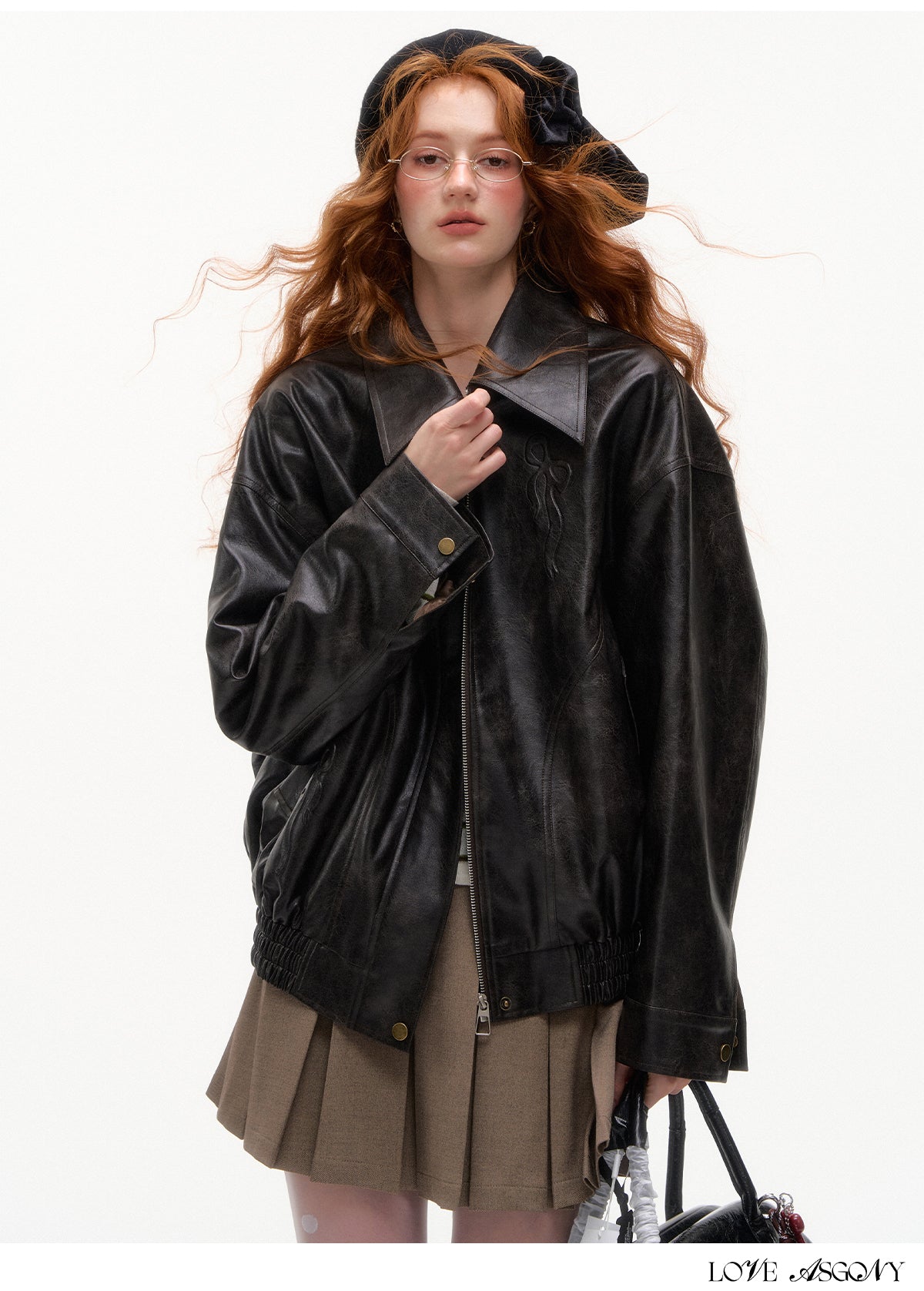 AsGony Retro Bow Collar Embossed Leather Jacket