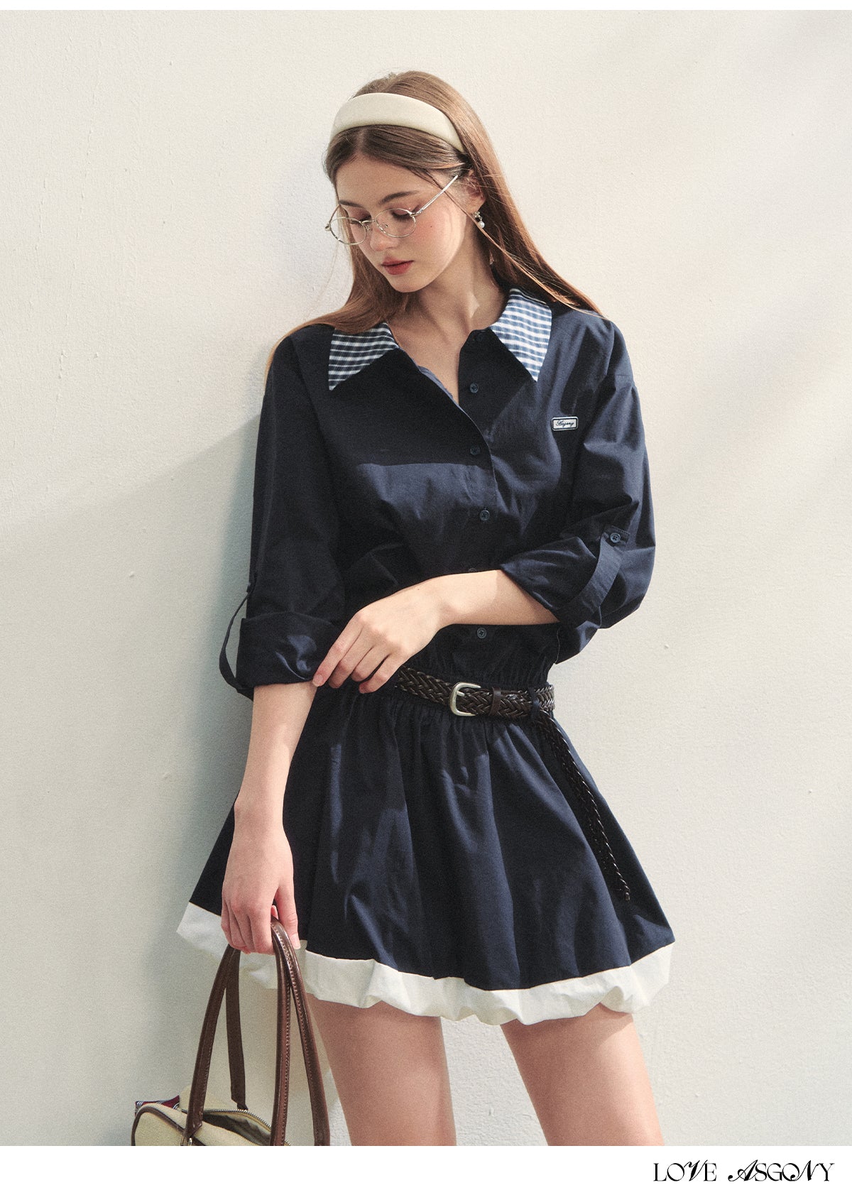 AsGony Plaid Collar Black Long Sleeve Shirt Dress