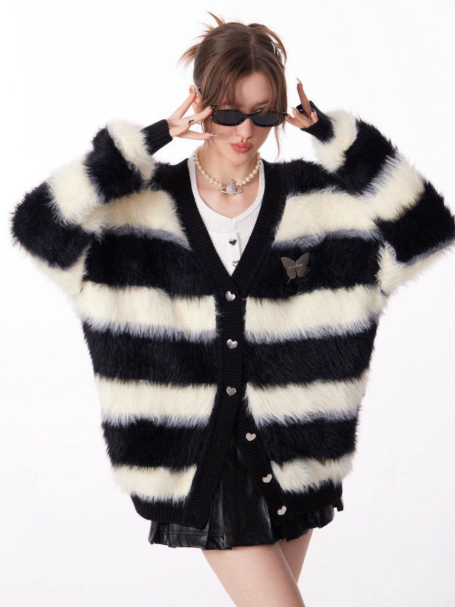 ziziFei Retro Punk Striped Faux Fur Cardigan
