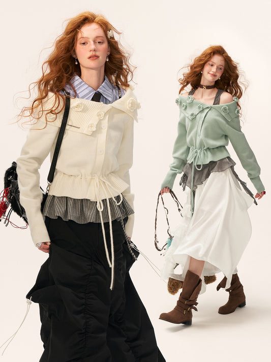 MAMC Off-Shoulder Rose Button Sweater