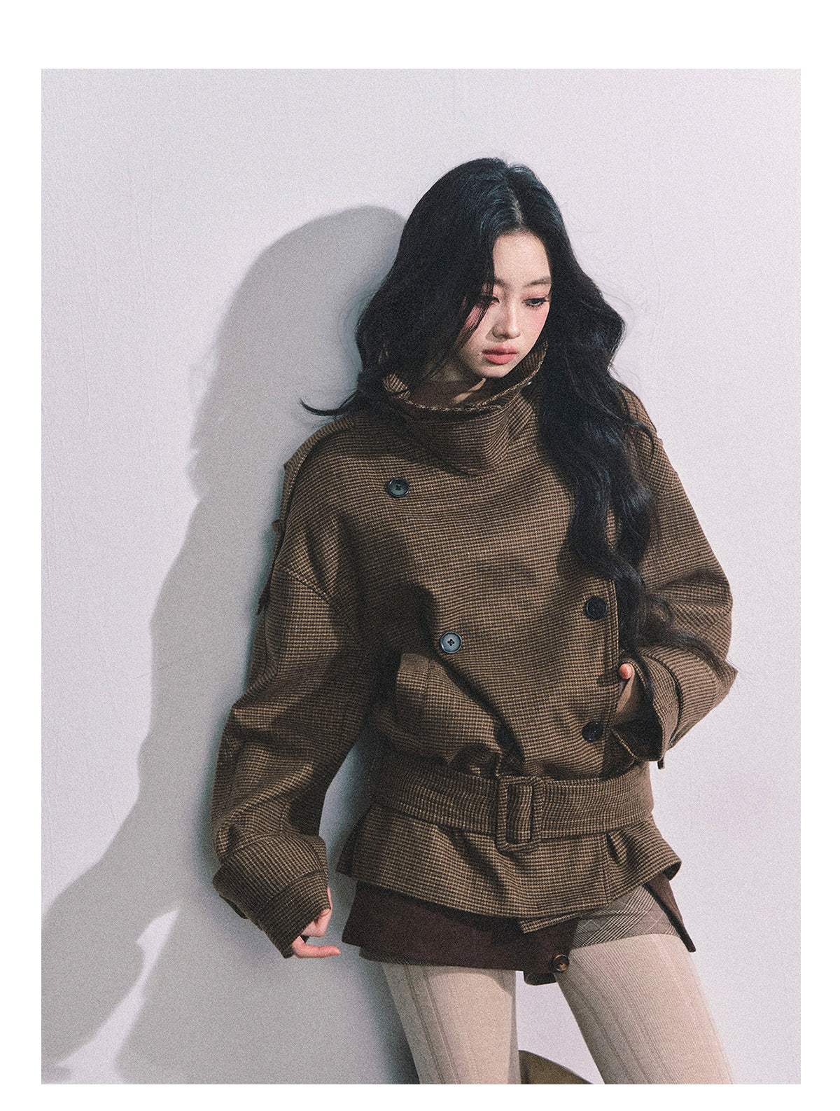 ShaoYeYan Sunset Harbor French British Style Plaid Trench Coat