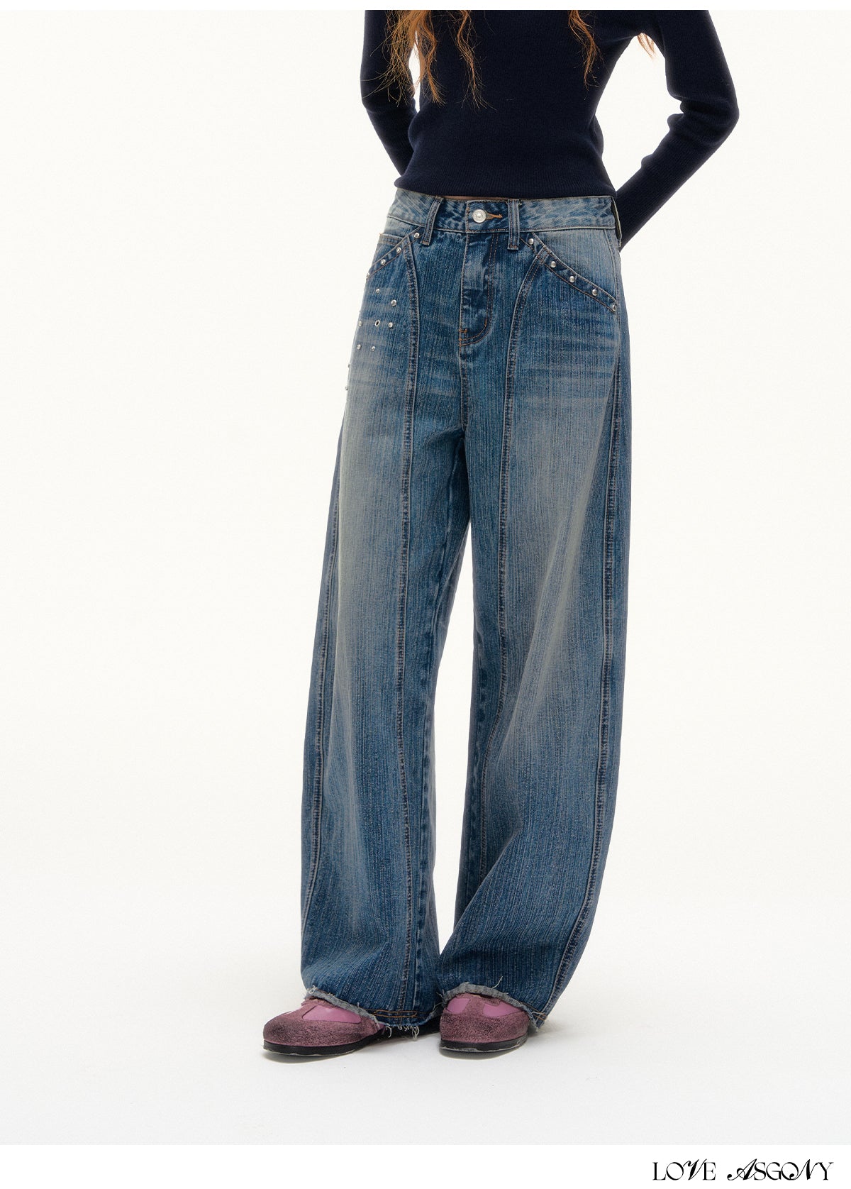 AsGony American Retro Rivet Washed Flared Jeans
