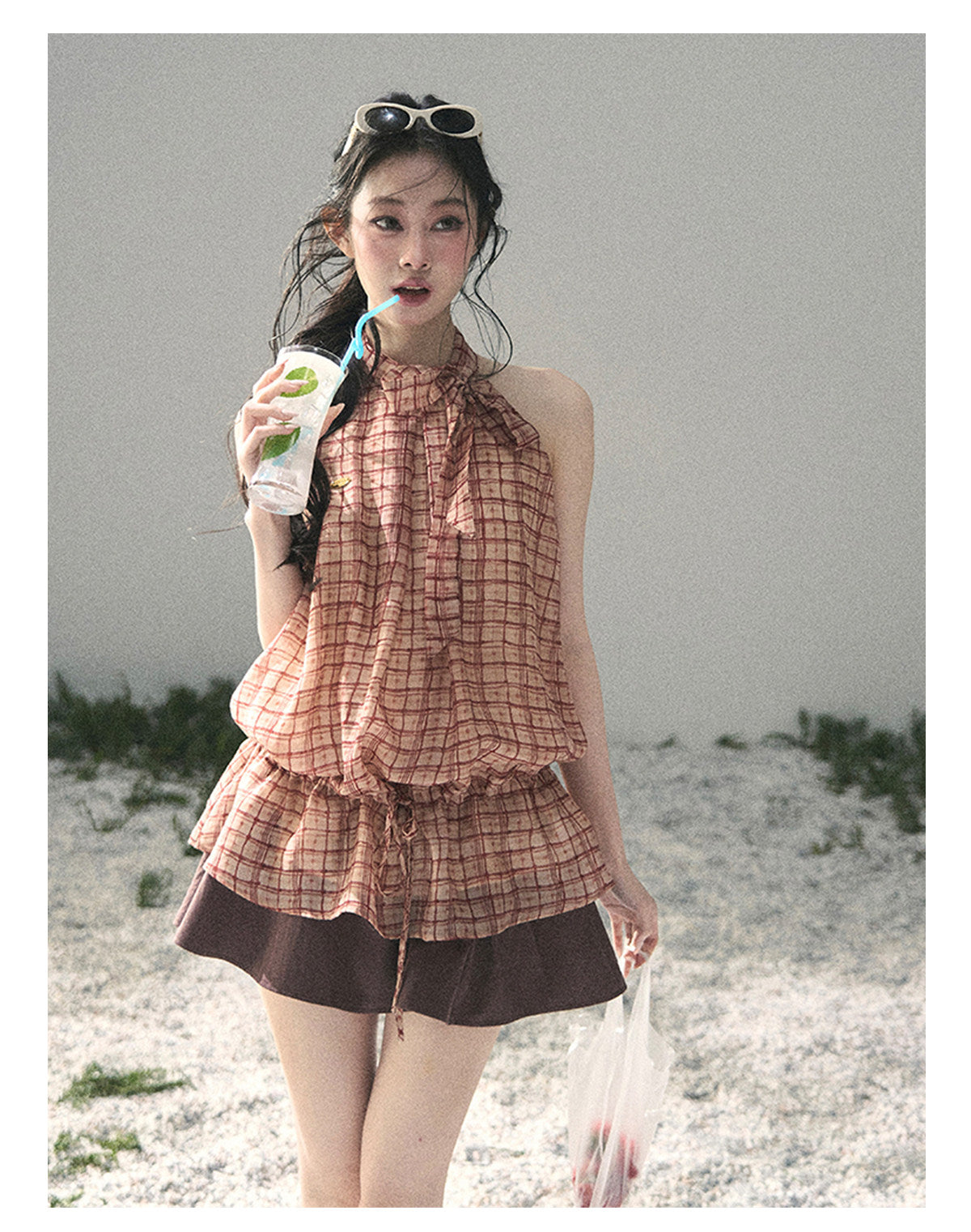 ShaoYeYan Aomalm Maple Red Whisper French Plaid Halter Top