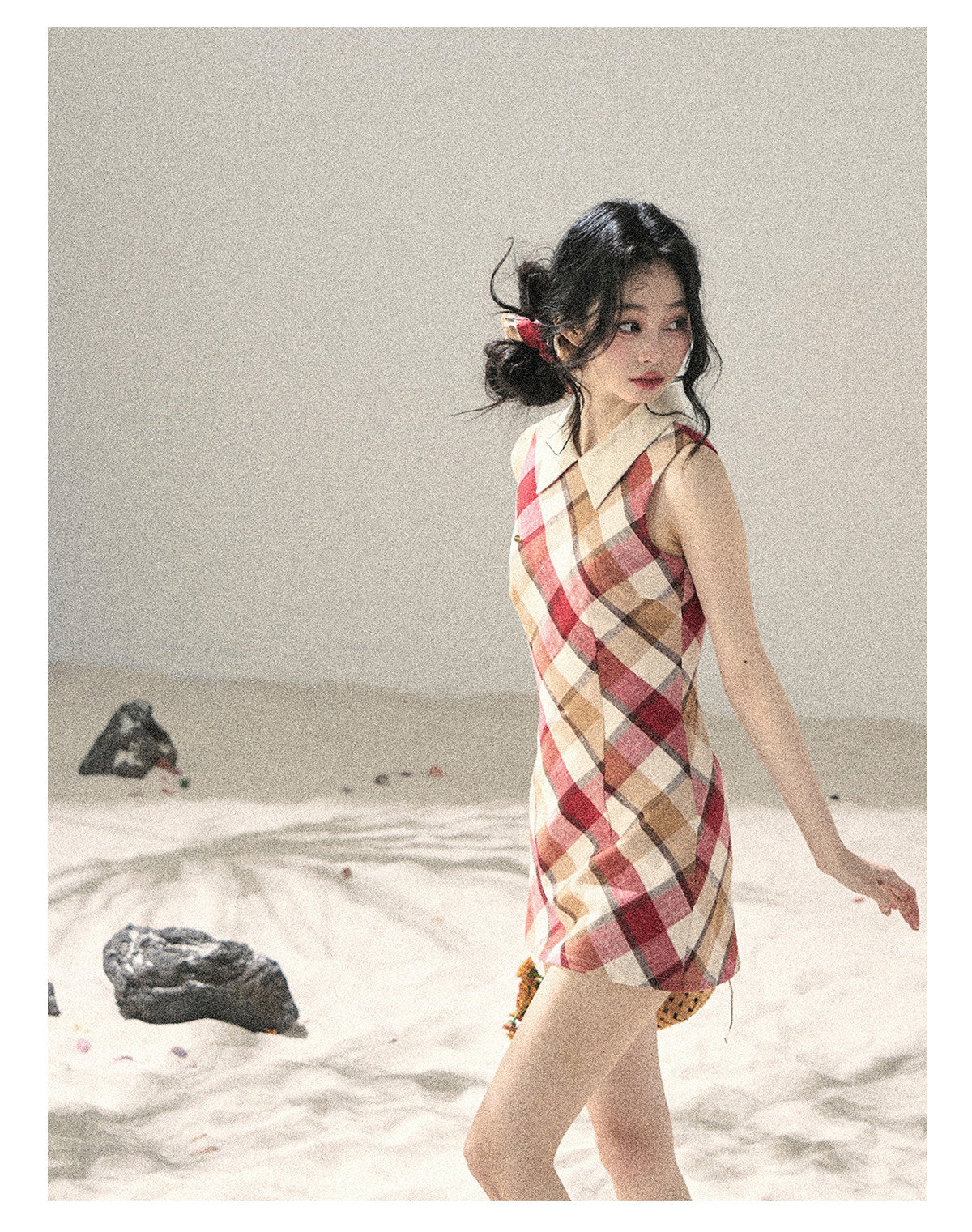 ShaoYeYan Aomalm Seaside Sunset French Polo Collar Argyle Dress