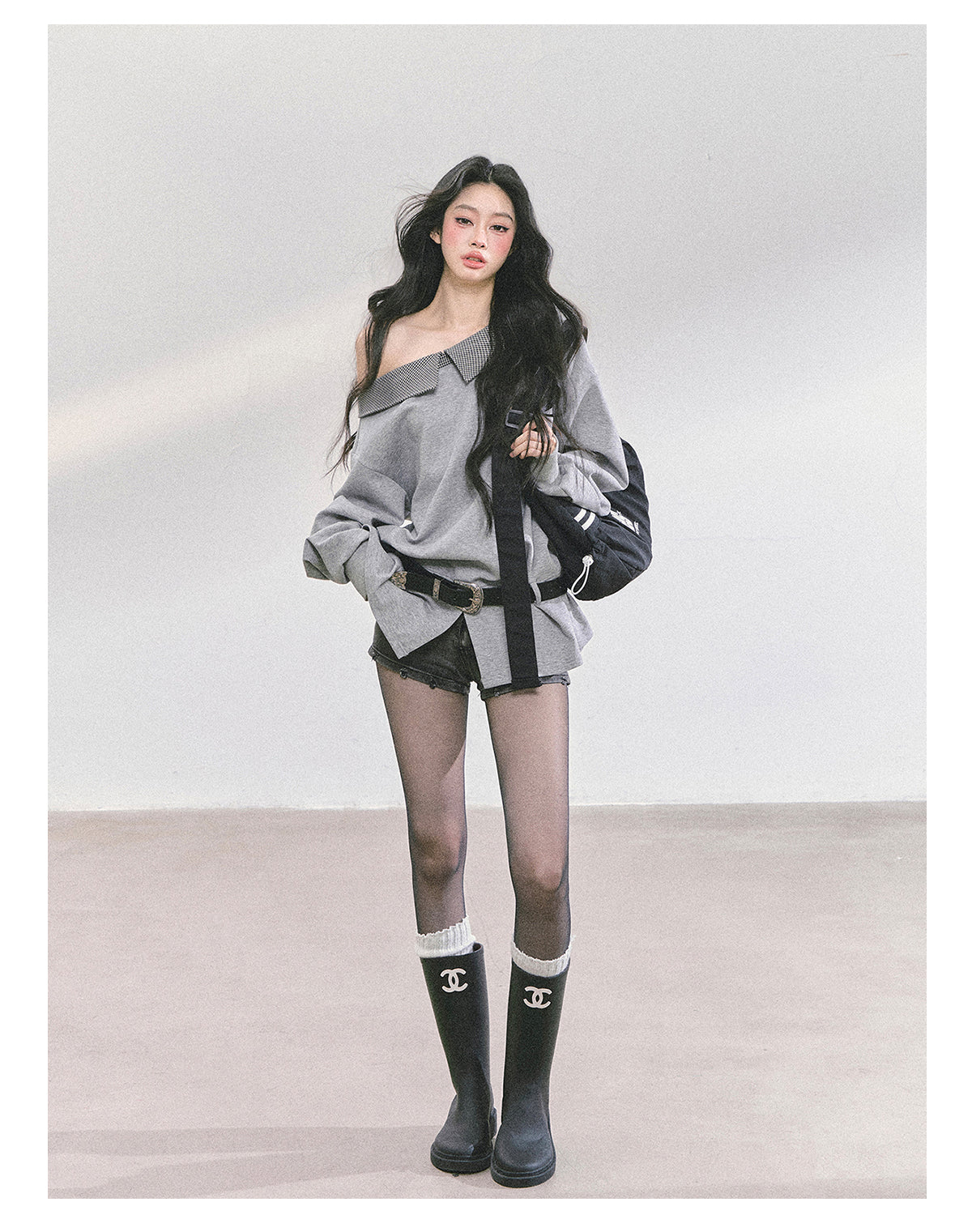 ShaoYeYan Intellectual Balmain Loose Off-Shoulder Plaid Sweatshirt