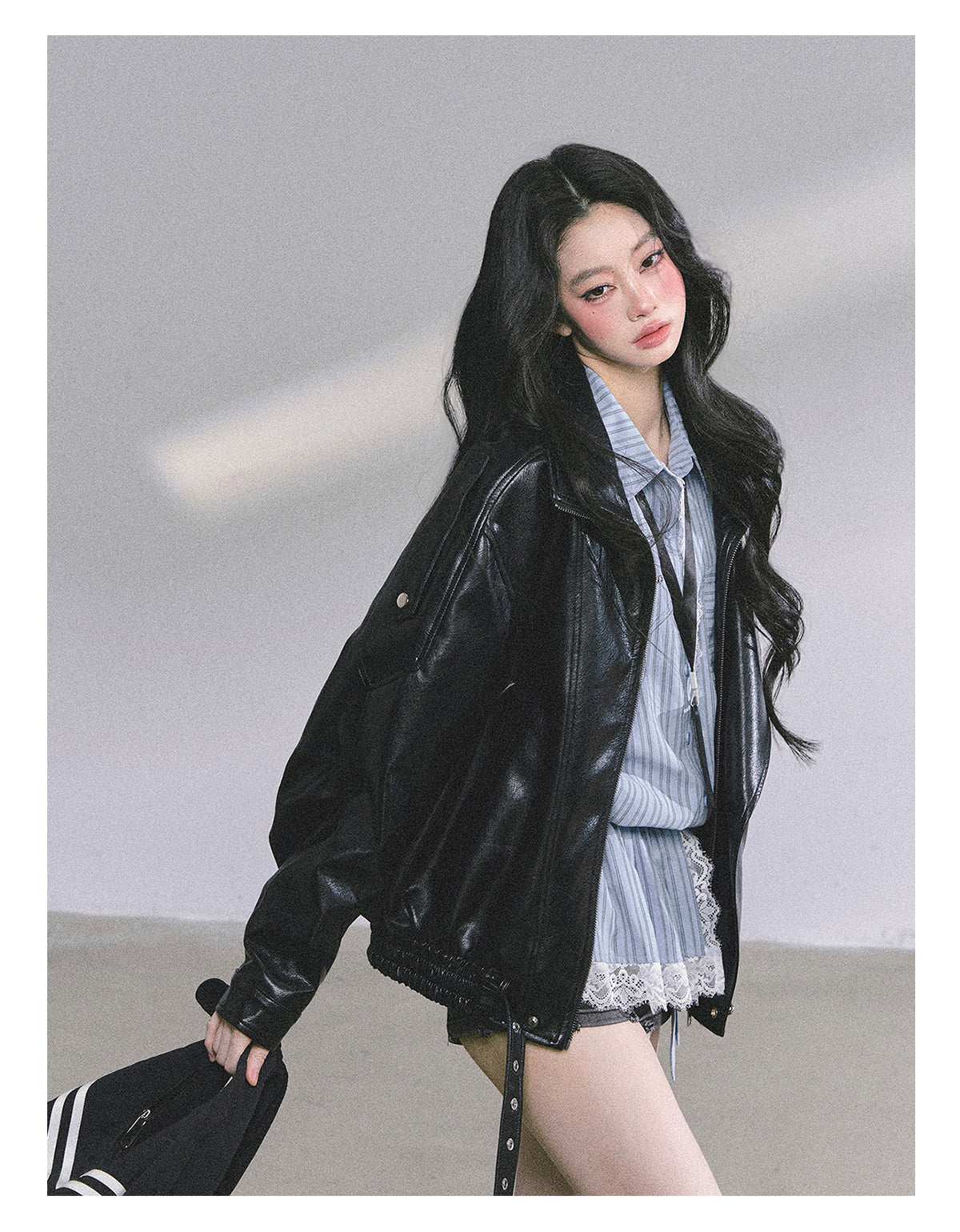 ShaoYeYan Mafia Princess Oversized Slim-Fit Black PU Leather Jacket