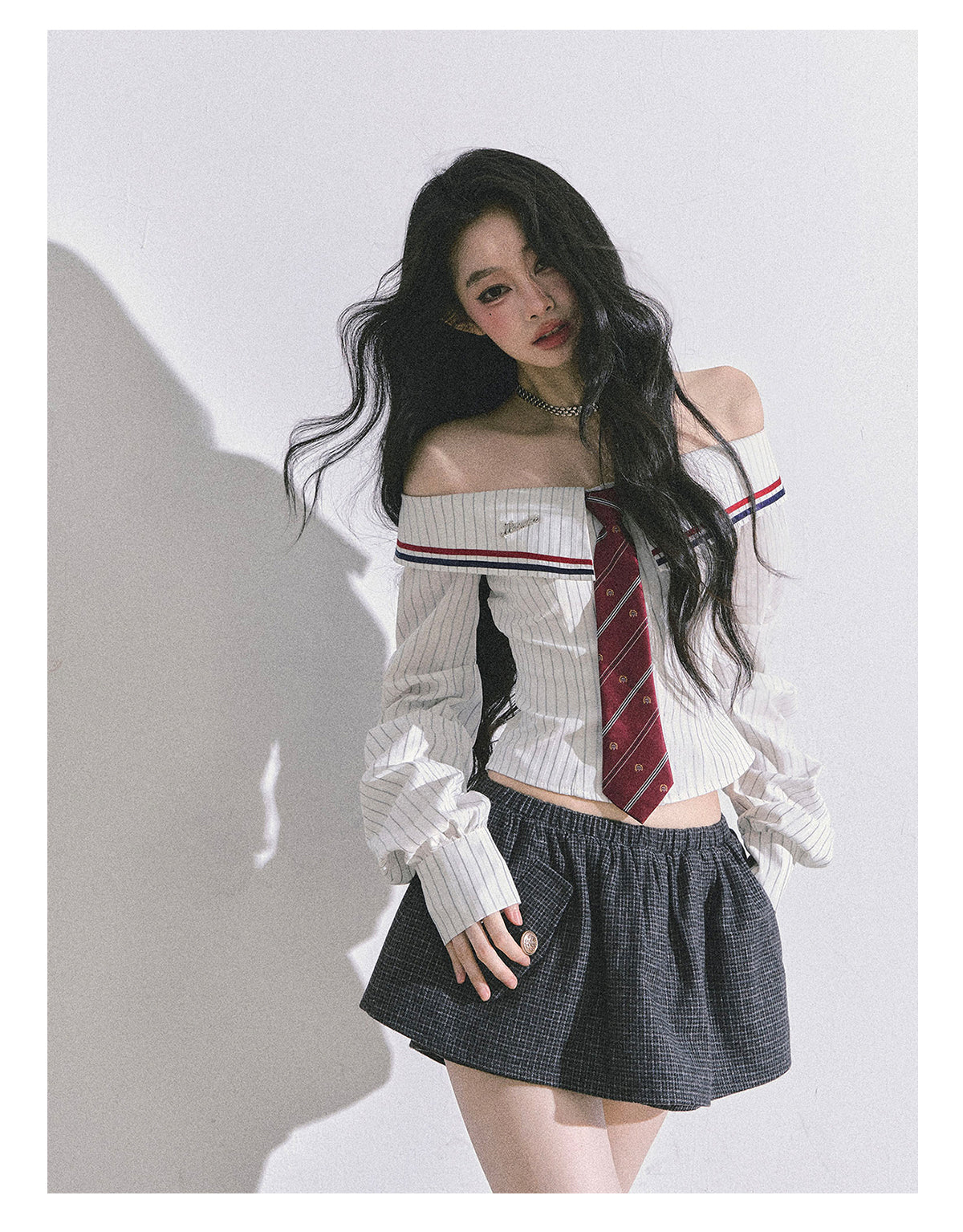 ShaoYeYan Seoul Art Student Off-Shoulder Striped Shirt