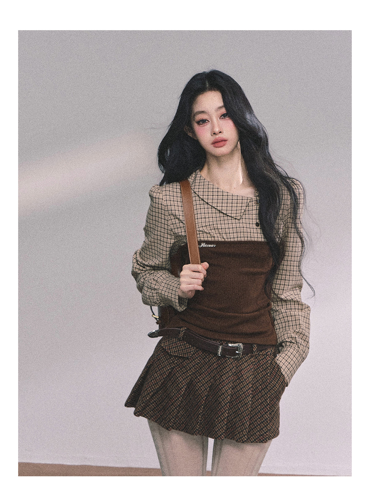 ShaoYeYan U.S. Study Abroad Outfit Fake Two-Layer Plaid Knit T-Shirt