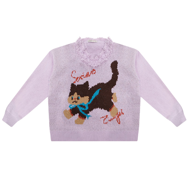 ziziFei Retro Plush Cat-Print Sweater