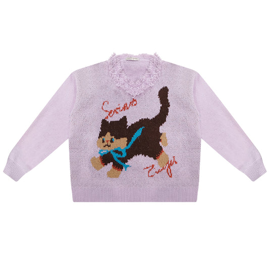 ziziFei Retro Plush Cat-Print Sweater