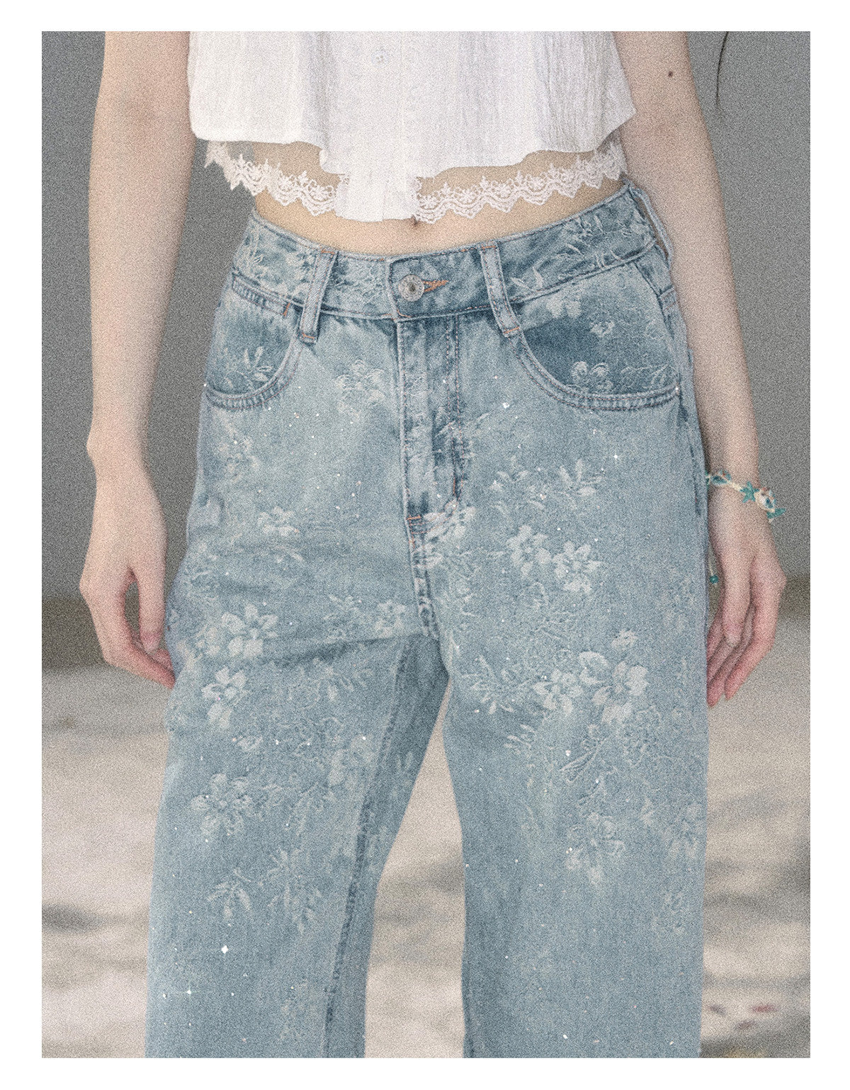 ShaoYeYan Aomalm Fragmented Starlight American Rhinestone Floral Jeans