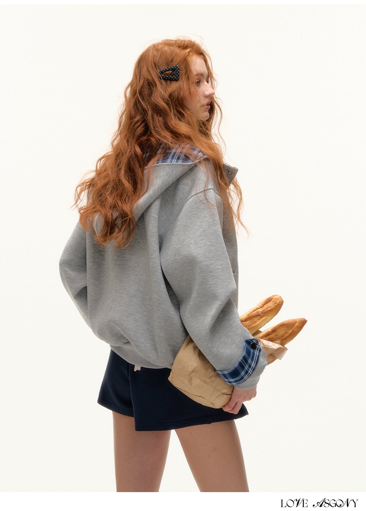 AsGony Plaid Panel Oversized Hooded Zip-Up