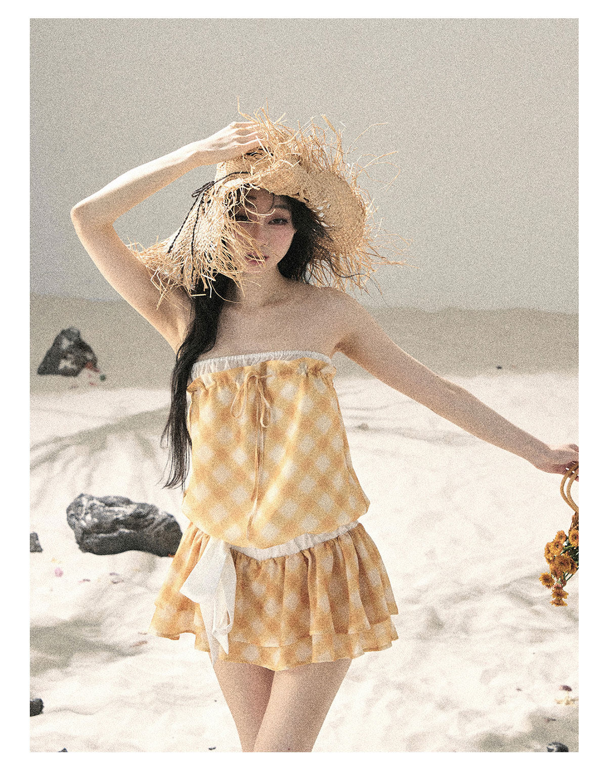 ShaoYeYan Aomalm Wind From the Crest of Waves Off-Shoulder French Argyle Dress