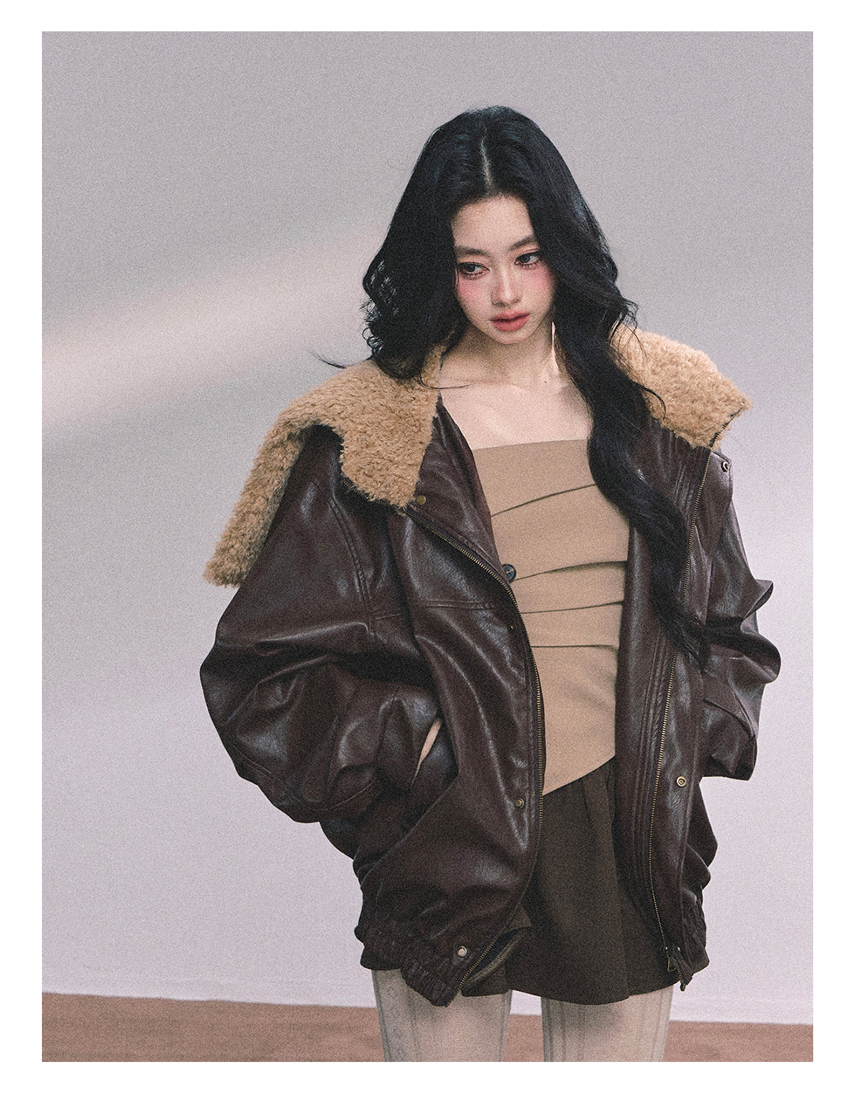 ShaoYeYan Loose Fit Lamb Fur Leather Jacket