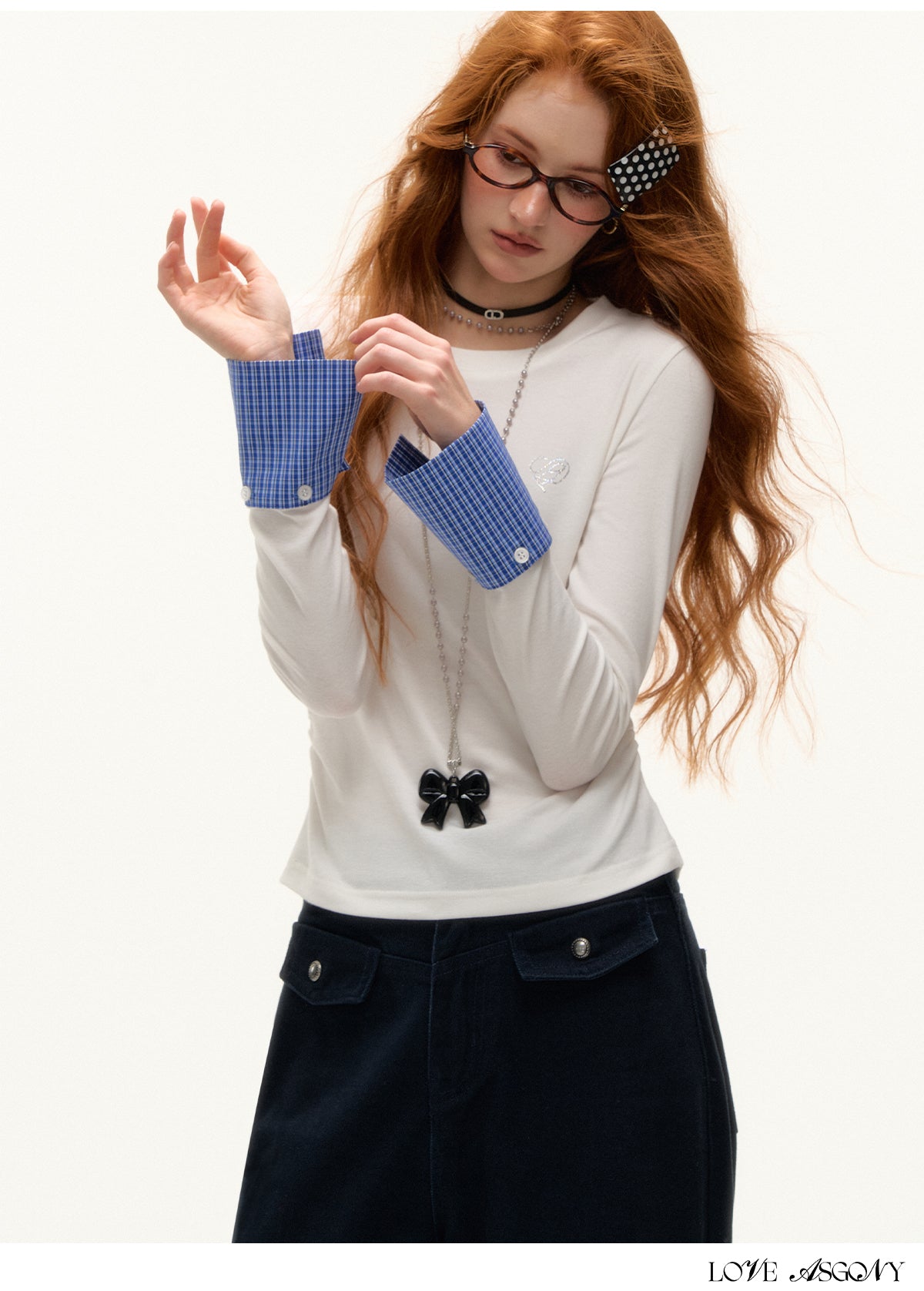 AsGony Detachable Cuff Plaid Long Sleeve T-Shirt