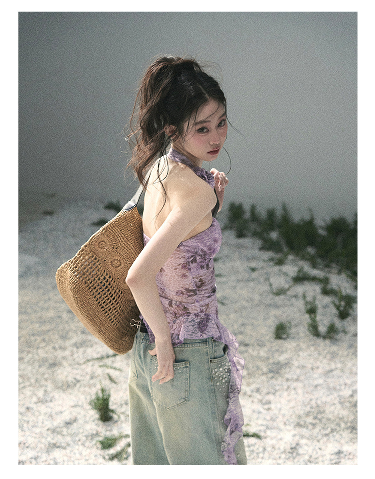 ShaoYeYan Aomalm Bauhinia Blooms Asymmetric Sheer Ribbon Top
