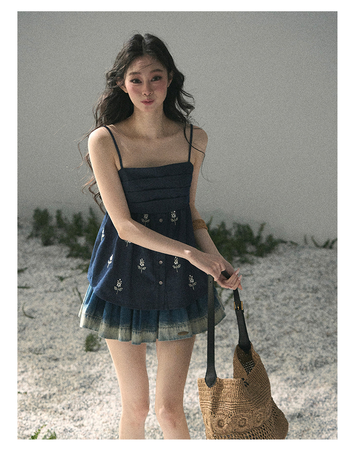 ShaoYeYan Aomalm A Silent Sea Off-Shoulder French 3D Floral Denim Top
