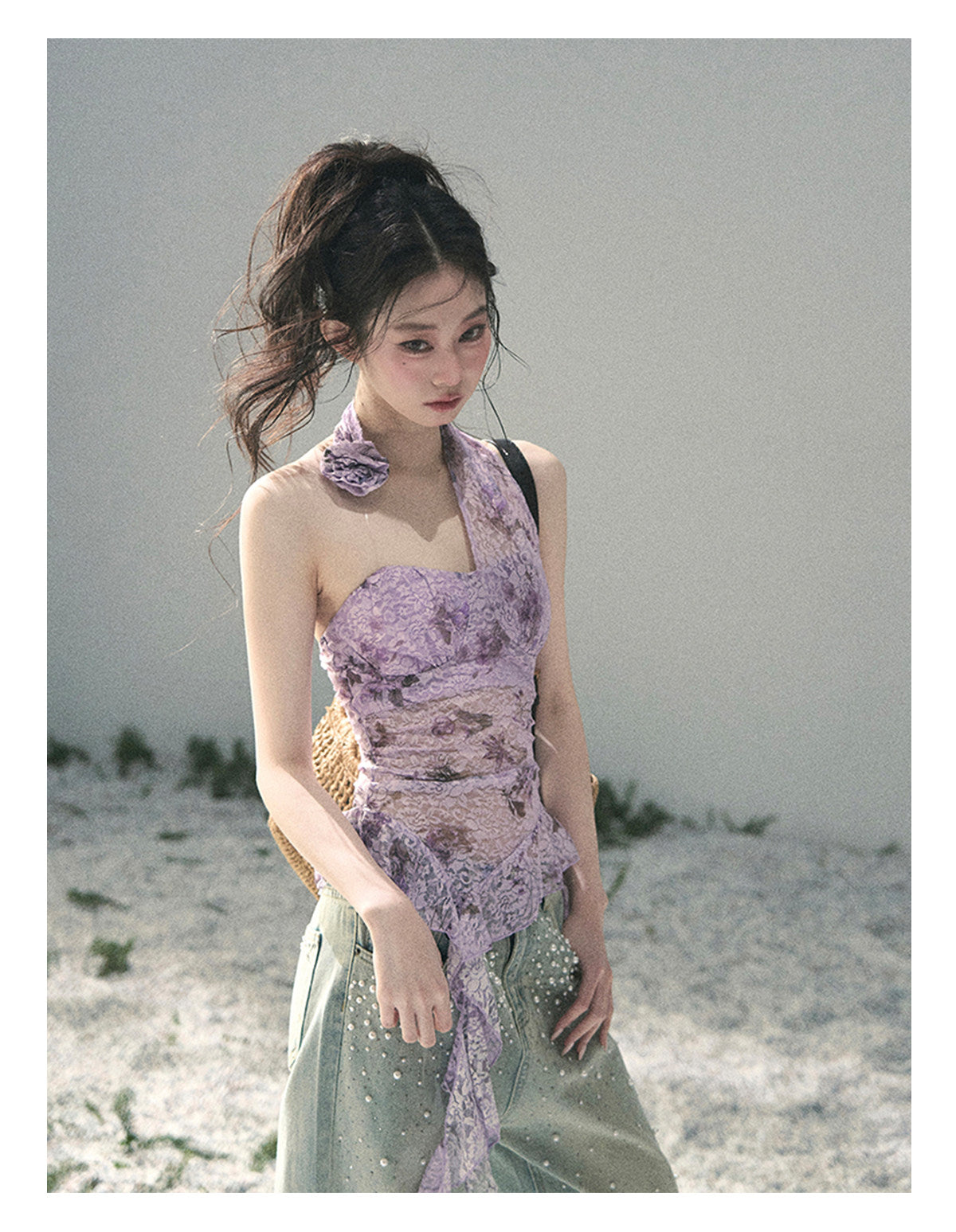 ShaoYeYan Aomalm Bauhinia Blooms Asymmetric Sheer Ribbon Top