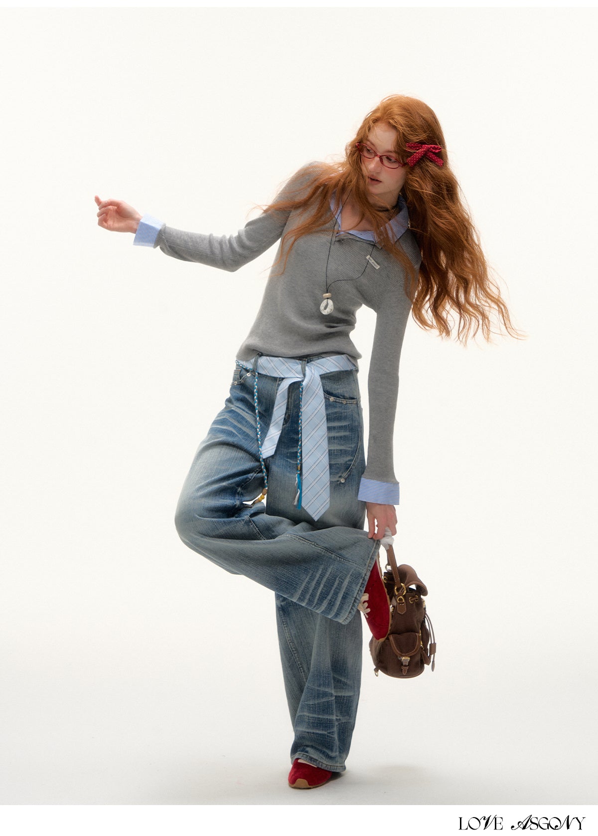 AsGony Striped Collar Fake Two-Layer Knit Top
