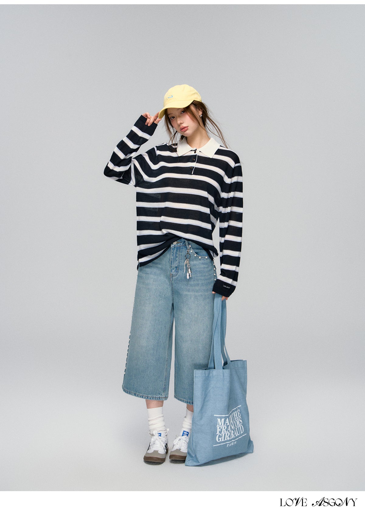 AsGony Side-Seam Beaded Wide-Leg Cropped Jeans