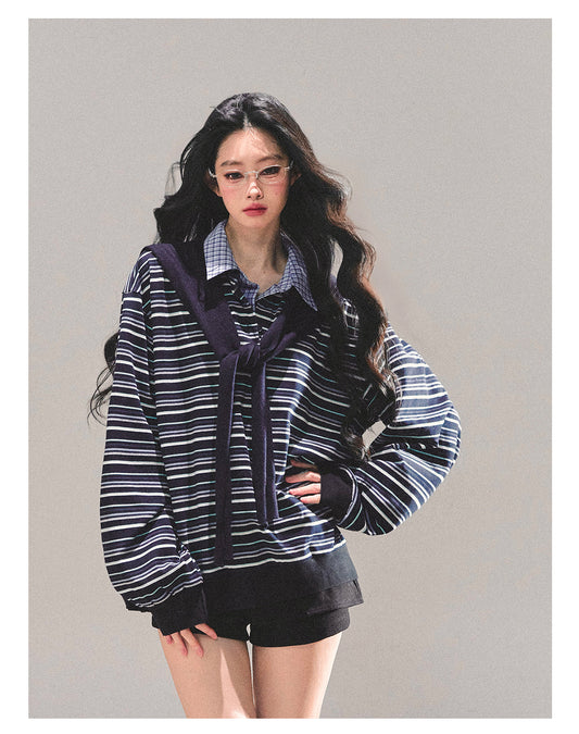 ShaoYeYan Fake Two-Layer Striped Polo Collar T-Shirt