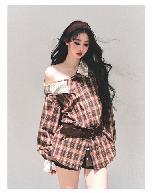 ShaoYeYan Streets She Passed Off-Shoulder Plaid Shirt