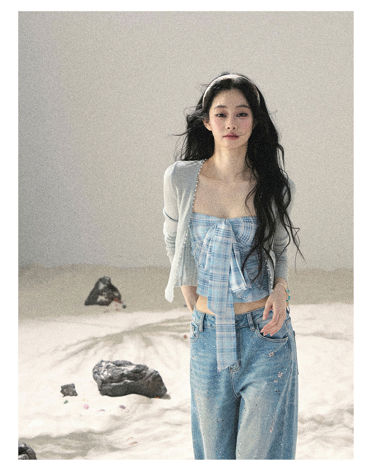 ShaoYeYan Aomalm Blue Danube Bow Plaid Bustier Top