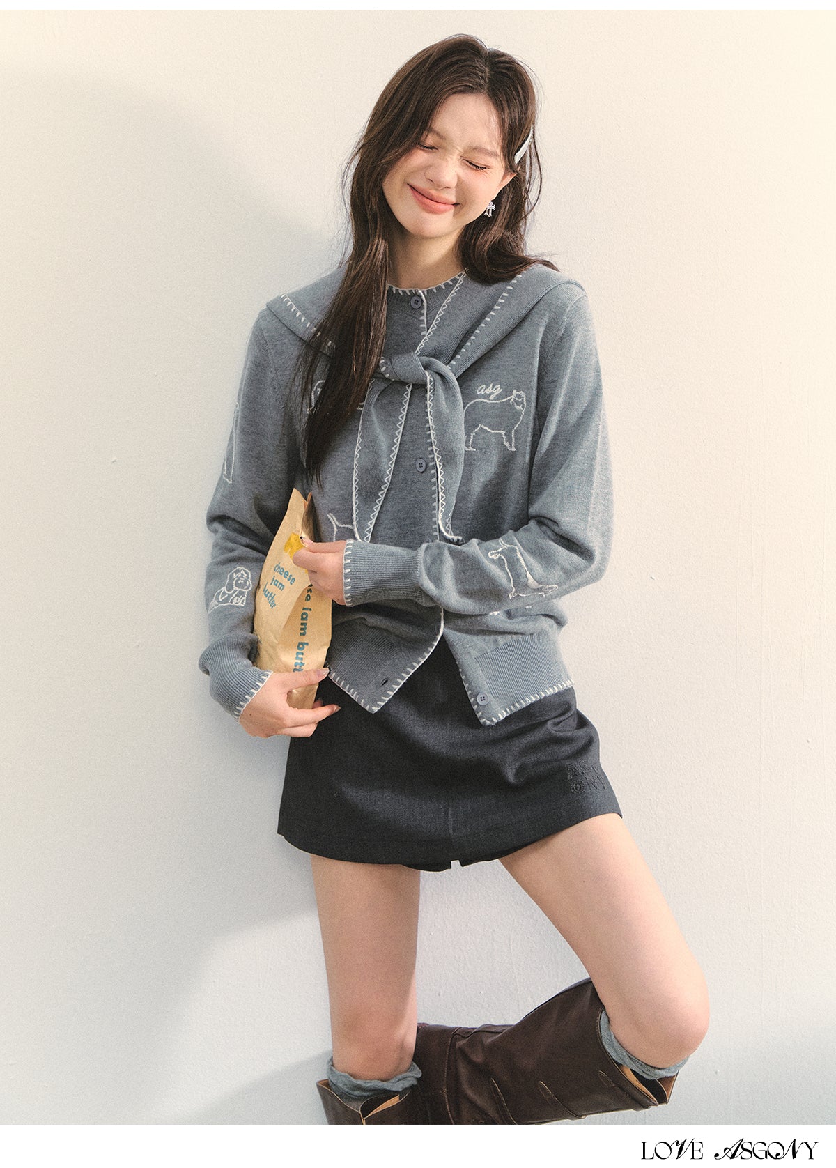 AsGony Puppy Embroidery Trim Hooded Knit Set