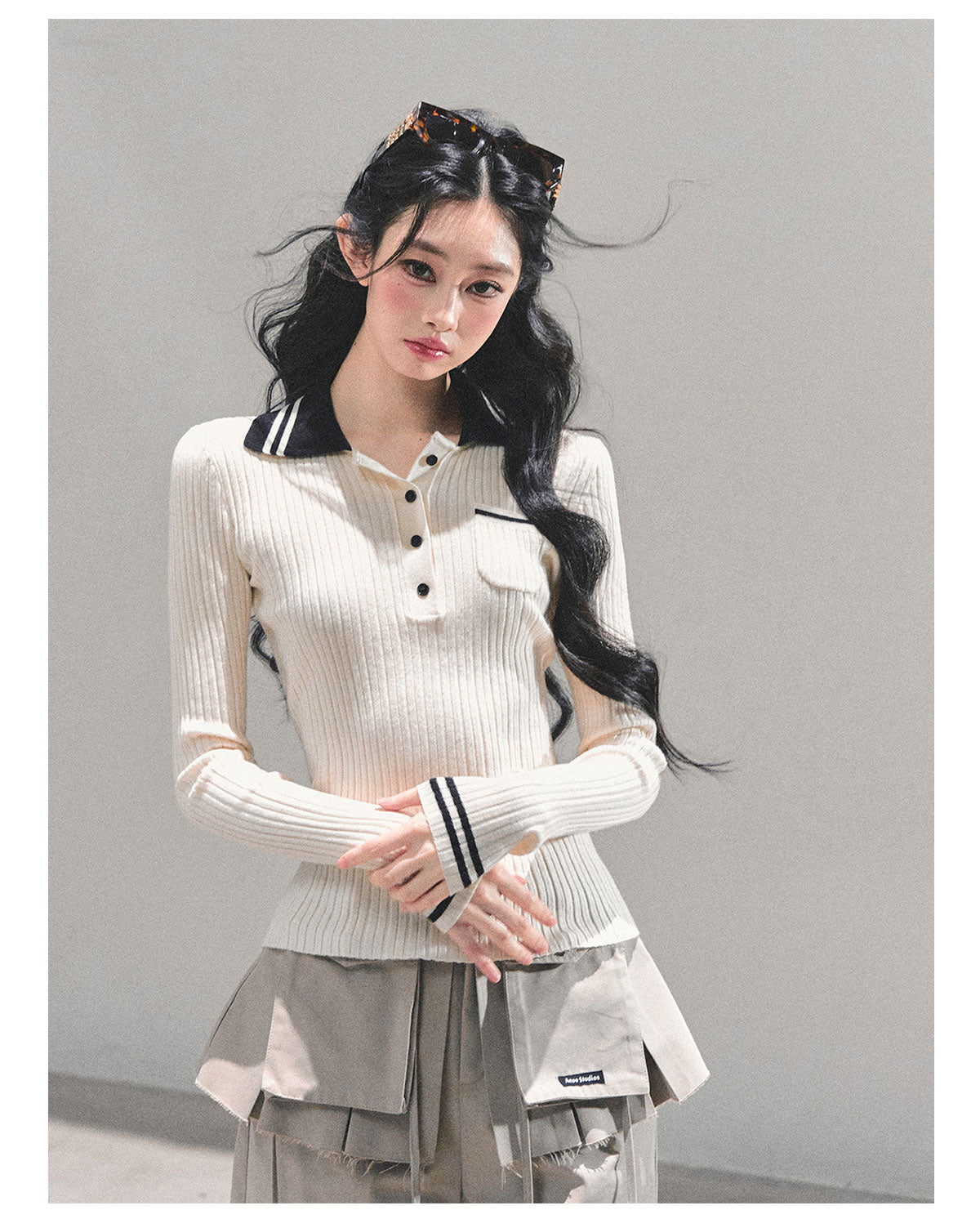 ShaoYeYan Wendy's Letter Long Sleeve Polo Knit Sweater