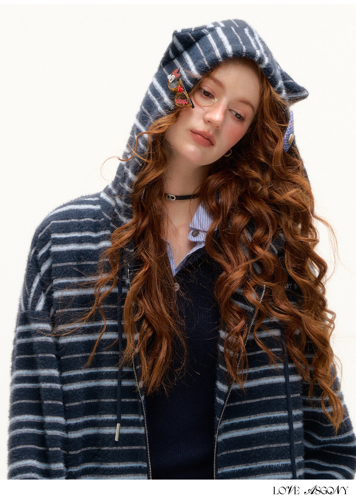 AsGony Plush Striped Colorblock Cat-Ear Hoodie