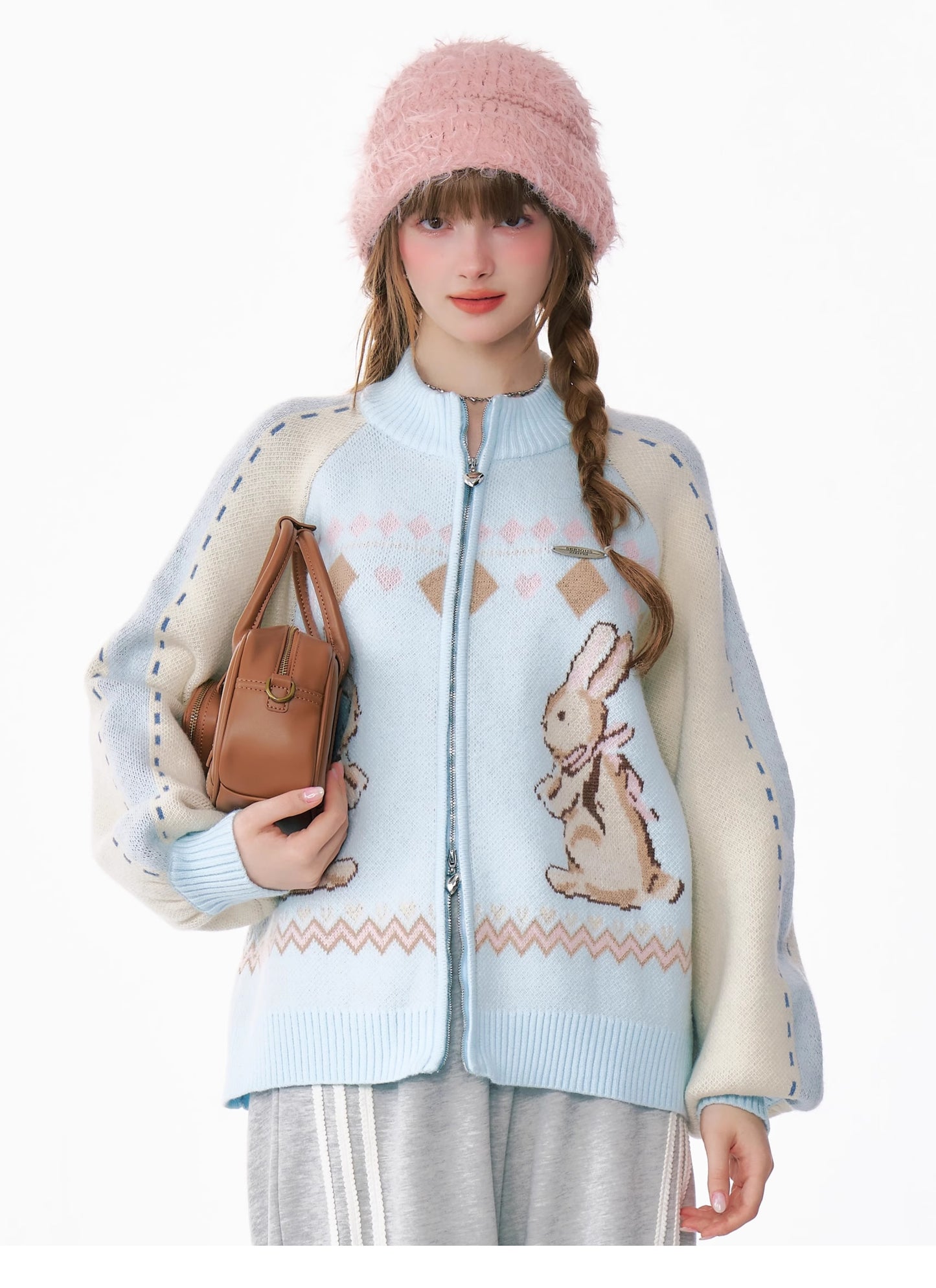 ziziFei Rabbit Print Zip-Up Cardigan