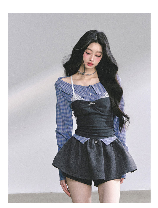 SHAOYEYAN Off-Shoulder Mock Layer Plaid Slimming Tee
