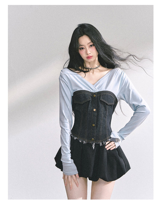 SHAOYEYAN American Style V-Neck Denim Tee