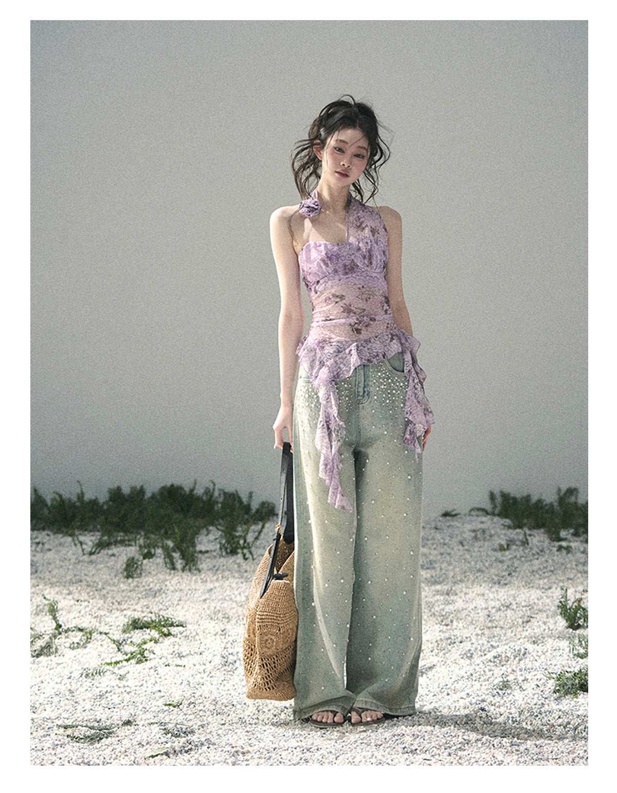 ShaoYeYan Aomalm Bauhinia Blooms Asymmetric Sheer Ribbon Top